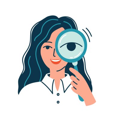 Beyaz gömlekli kadın büyüteçten bakıyor. Baş avcı boş yer arıyor, eleman arıyor. İş araması, bilgi, Loupe 'da araştırma. İzole vektör illüstrasyonu