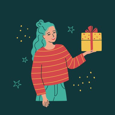 Elinde hediye kutusuyla gülümseyen genç bir kadın. Doğum günü, Noel, zafer, tebrik için konsept. Kabul et ya da hediye ver. Karakter portresi. Karanlık vektör illüstrasyonunda izole