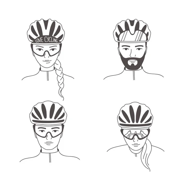Avatares Mujeres Hombres Jóvenes Con Cascos Bicicleta Gafas Deportivas Retrato — Vector de stock
