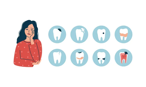 Dişi ağrıyan, yüzünde acı ifadesi olan genç bir kadın şişmiş yanağını tutuyor. Şiddetli diş ağrısı, bakteriler, çatlaklar, aşırı hassasiyet, tartar. İzole edilmiş düz vektör çizimi