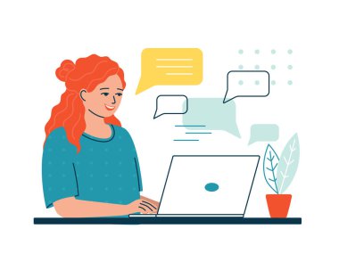 Genç bir kadın dizüstü bilgisayarla oturuyor ve sohbet ediyor. Çevrimiçi müşteri destek servisi konsepti, kişisel asistan, danışman. Sosyal ağlarda iletişim. İzole vektör illüstrasyonu