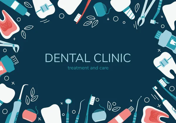 Dişçilik afişi konsepti. Diş iskeleti, diş temizliği ve tedavisinde kullanılan aletler. Sağlıklı diş, ortodonti, ağız bakımı. Arkaplan düz vektör çizimi, şablon posteri.