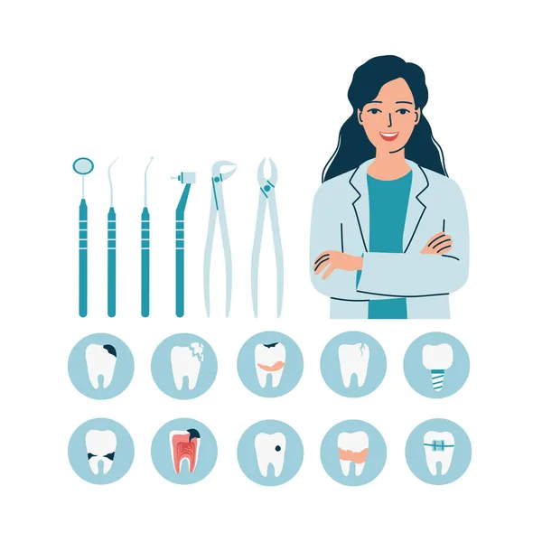 Bir takım aletleri olan genç bir dişçi kadın. Dişlerinde sorun var. Caries, cracks, tartar, diş telleri. Kadın dişçiliği, oral bakım ve tedavi. İzole edilmiş düz vektör çizimi