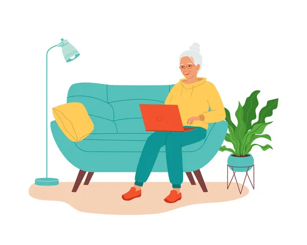 Starší Šedovlasá Žena Sedící Laptopem Pohovce Koncepce Aktivních Seniorů Důchodců — Stockový vektor