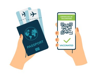 Telefon ekranında QR kodu olan aşı sertifikası. Durum aşısı tamamlandı. Çevrimiçi sonuçlar covid aşı uygulamasında. Pasaportunda bilet var. Yeni ihtiyaçlar için seyahat edin. Vektör illüstrasyonu