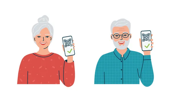 Kıdemli erkek ve kadın QR kodu Covid-19 koronavirüs aşısını telefon ekranında gösteriyor. Yaşlıların sağlığı. Dijital hijyenik pasaport, aşı pasaportu. Aşı sertifikası. İzole vektör illüstrasyonu