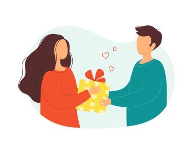 Genç bir çift sevgililer günü, doğum günü, aile tatili, yıldönümü için hediye paketi veriyor. Randevu için bir hediye. Düz biçimdeki izole vektör çizimleri.