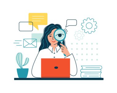 Kadın elinde bir büyüteç tutuyor, veri tabanında bilgi arıyor. Hızlı, kolay belge araması kavramı, bilgisayardaki veri organizasyonu. Web siteleri ve dosyaları bulmanın iyileştirilmesi. Düz vektör illüstrasyonu