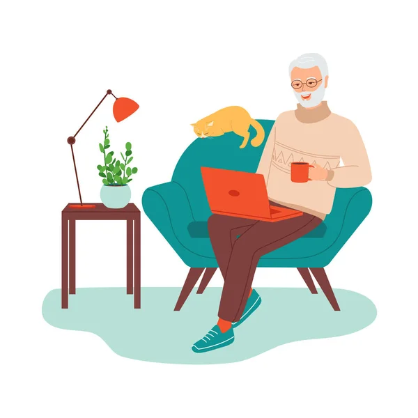 Sandalyesinde dizüstü bilgisayarı olan yaşlı, gri saçlı bir adam. Aktif yaşlılar kavramı, modern teknolojileri kullanan emekliler. Evden uzak çalışma, eğitim, e-öğrenme. İzole edilmiş düz vektör çizimi