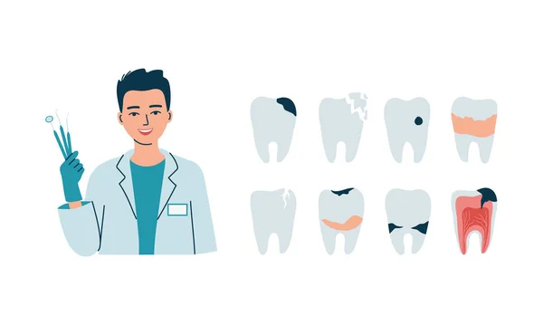 Dişlerinde diş problemi olan genç bir dişçi. Caries, cracks, tartar, inflamasyon. Diş hekimliği, ağız bakımı ve tedavi. İzole edilmiş düz vektör çizimi