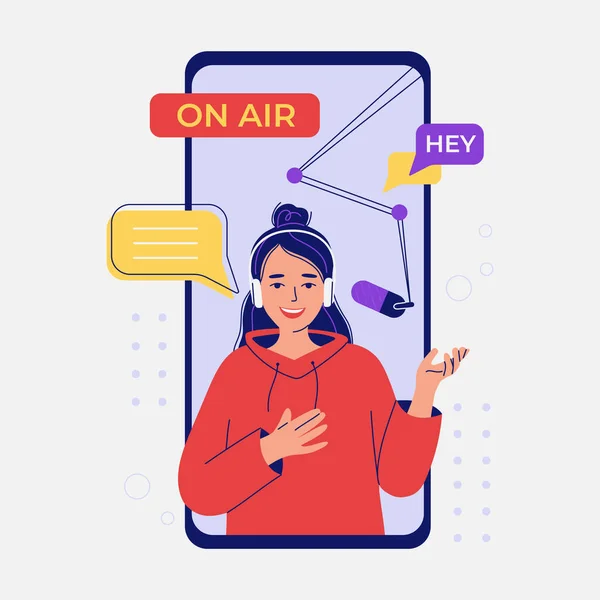 Kulaklıklı genç bir kadın canlı yayında bir podcast sunuyor. Bir video bloğunun ses kaydı kavramı, bir mobil uygulamada yayın, konferans. Düz vektör illüstrasyonu.