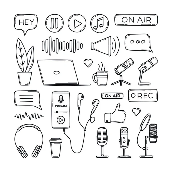 Podcast Sound Recording Listening Audio Live Broadcast Symbols Doodle Style — Vettoriale Stock