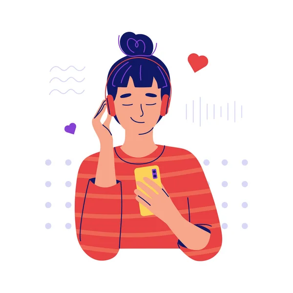 Happy young woman with headphones listening to a podcast in a mobile app. Concept of online playback of audio recordings of a video blog, broadcast, lecture in the phone. Flat vector illustration