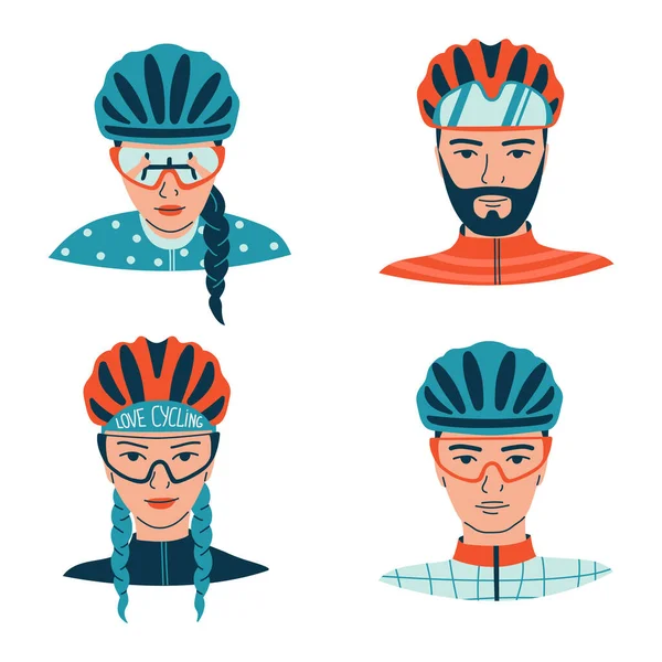 Retrato Mujeres Hombres Jóvenes Con Cascos Bicicleta Gafas Deportivas Avatares — Vector de stock