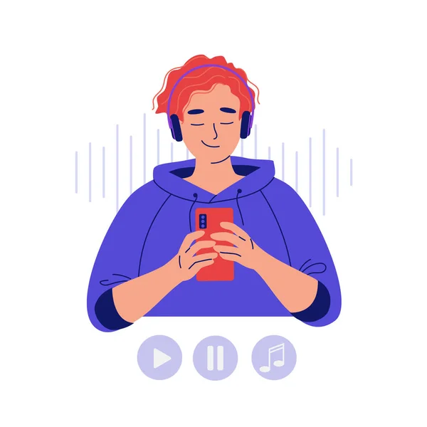 Happy Young Man Headphones Listening Music Podcast Mobile Application Concept — Stockvector