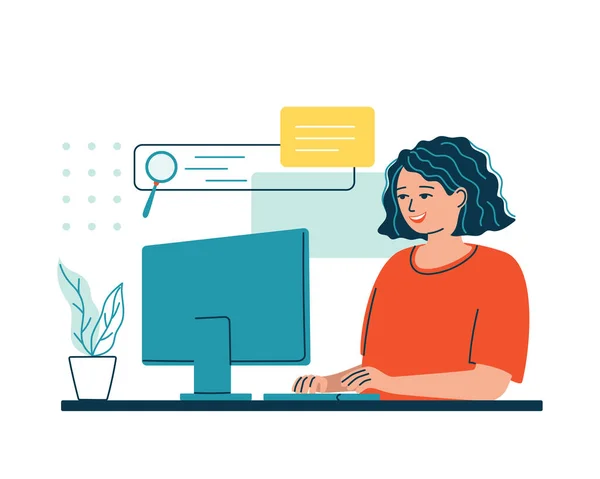 Wanita Dengan Laptop Bekerja Internet Konsep Pencarian Dokumen Cepat Mudah - Stok Vektor