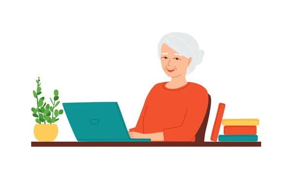 Senior gray-haired smiling  woman sits at a laptop. Concept of work elderly employee. Distance learning programming, freelance for retired people. Flat cartoon vector illustration