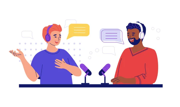 Dos Hombres Hablando Directo Concepto Podcast Estudio Personas Con Auriculares — Vector de stock