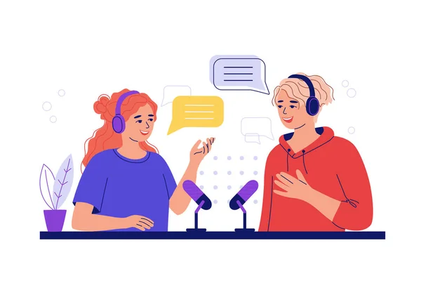 Mujer Hombre Hablando Entrevista Concepto Podcast Estudio Personas Auriculares Streaming — Vector de stock