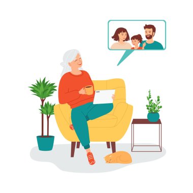 Gülen gri saçlı yaşlı kadın, çocuklarla bir tablet vasıtasıyla video görüşmesinde konuşuyor. Yaşlılarla uzaktan iletişim kavramı. Emeklilikte modern teknolojiler. Düz vektör illüstrasyonu