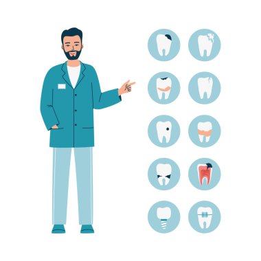 Dişlerinde diş problemi olan genç doktor dişçi. Caries, cracks, tartar, diş telleri. Diş hekimliği, ağız bakımı ve tedavi. İzole edilmiş düz vektör çizimi