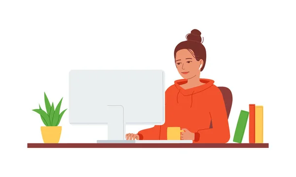 Νεαρή Γυναίκα Κάθεται Τον Υπολογιστή Στο Γραφείο Υπάλληλος Στη Δουλειά Royalty Free Εικονογραφήσεις Αρχείου