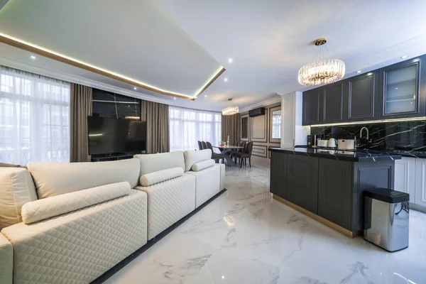 Oturma odası, minimalist tarzda siyah beyaz tonlarda bir stüdyo. Açık kanepe, karanlık mutfak.