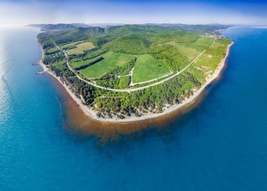 Karadeniz kıyısındaki panorama kuş bakışı. Beregovoe ve Krinitsa köyleri arasındaki kuzey kıyısında. Pitsunda çamı korusu, bir çakıl taşı plajı ve ufukta dağlar.