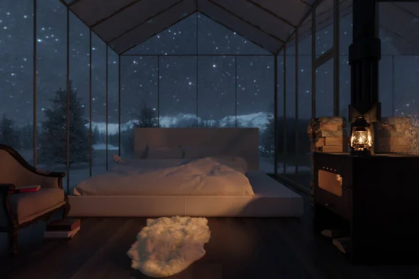 雪に覆われた森林でベッドとガラスパネルと居心地の良い小屋の3Dレンダリング — ストック写真