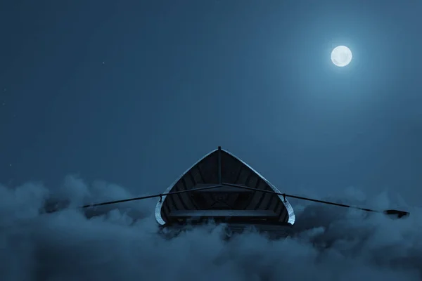 ふわふわの夜の雲の上に放棄された木製のボートの3Dレンダリング 月明かりで照らされた — ストック写真