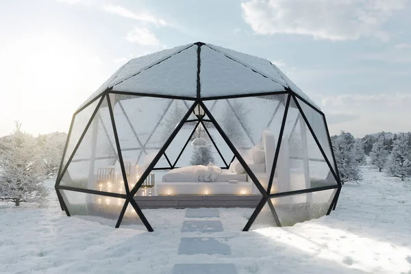 Rendering Geodesic Dome Hut Glass Panels Morning Light — Fotografia de Stock