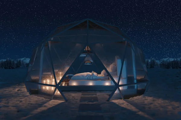 Візуалізація Геодезичної Купольної Хатини Скляними Панелями Зоряну Ніч — стокове фото