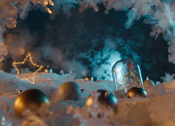 Darstellung Von Weihnachtskugeln Und Beleuchteten Sternen Die Auf Schnee Liegen — Stockfoto