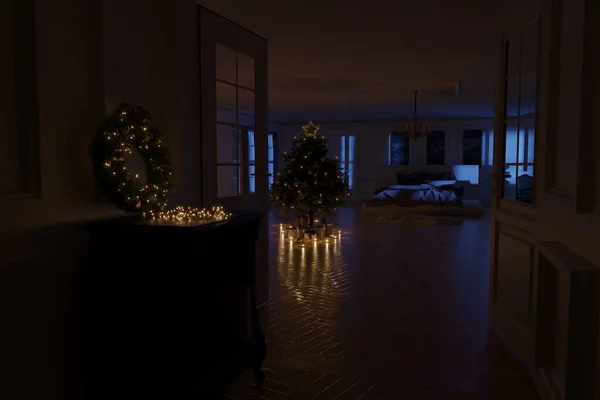 3Dレンダリングの古典的なベッドルームアパートのクリスマスツリーで月明かり — ストック写真