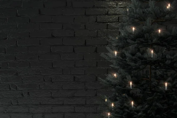 Representación Árbol Navidad Delante Pared Ladrillo Negro — Foto de Stock