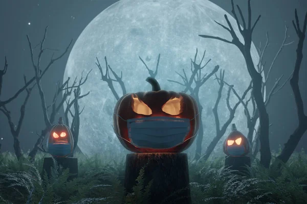 Rendering Shiny Halloween Jack Lantern Pumpkins Covered Face Mask Front — Fotografia de Stock