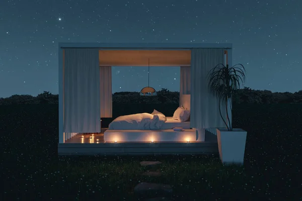 3Dレンダリングの白いパティオの屋根とともに白いベッド外で緑の草原で星空の下 — ストック写真
