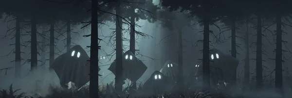 Рендеринг Туманного Темного Леса Летающими Призраками — стоковое фото