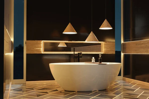 Rendering Precious Black Bathroom Illuminated Led Lights Hardwood Details — Foto Stock