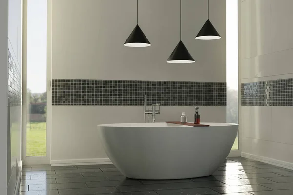 Rendering Precious White Bathroom Black Mosaic Tiles Wall — Foto Stock