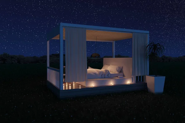 3Dレンダリングの白いパティオの屋根とともに白いベッドの外で緑の草原で星の下の夜空 — ストック写真