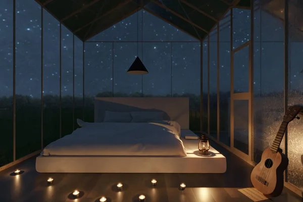 夜には白いベッドと照明付きのキャンドルと居心地の良い温室の3Dレンダリング — ストック写真