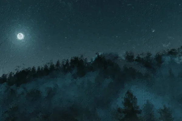 Ομιχλώδες Βουνό Που Περιβάλλεται Από Πεύκα Στην Έναστρη Νύχτα Φωτίζεται — Φωτογραφία Αρχείου