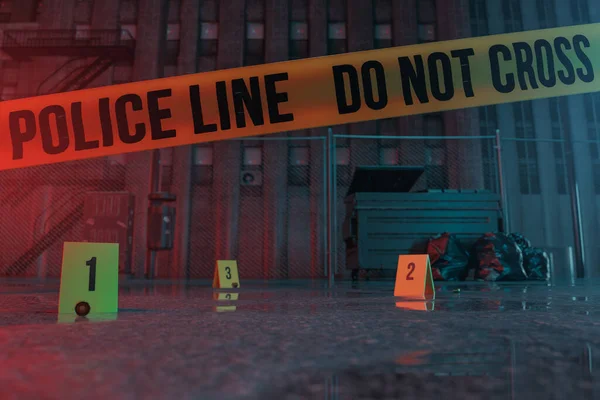 Rendering Crime Scene Backyard Place Yellow Police Tape Night — Stockfoto