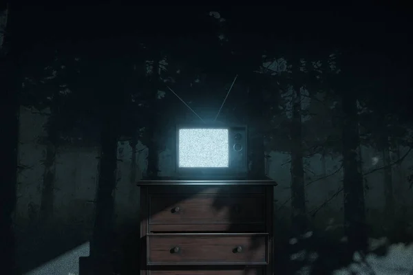 3D渲染一个带有明亮静态屏幕的旧电视机的鬼屋 — 图库照片