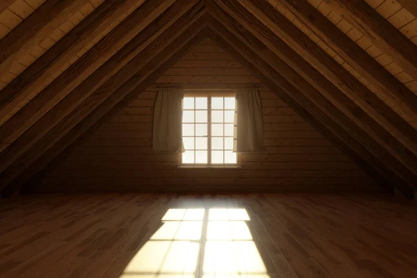Renderowanie Drewnianego Pokoju Poddaszu Jasnym Światłem Oknie — Zdjęcie stockowe