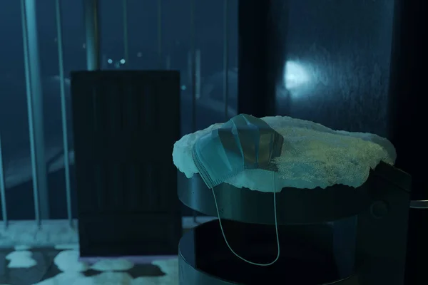 三维蒙面面具在雪覆垃圾筒上的渲染 — 图库照片
