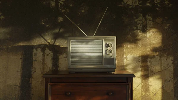 Rendering Haunted Room Old Television Bright Static Screen — Fotografia de Stock