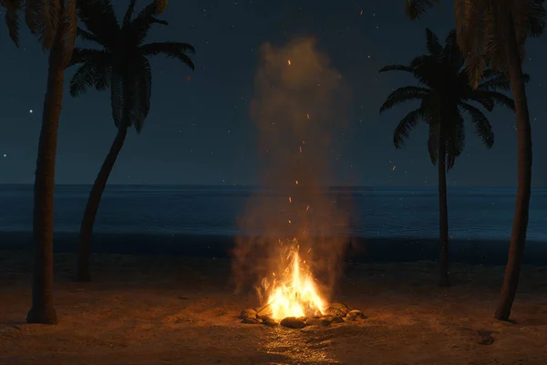 3D在星空和沙滩棕榈树前 用火花和微粒渲染明亮的火光 — 图库照片