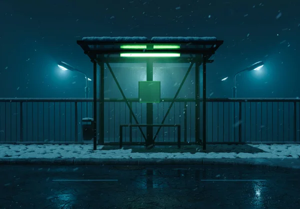 冬夜街道上的照明巴士站的3D渲染 — 图库照片